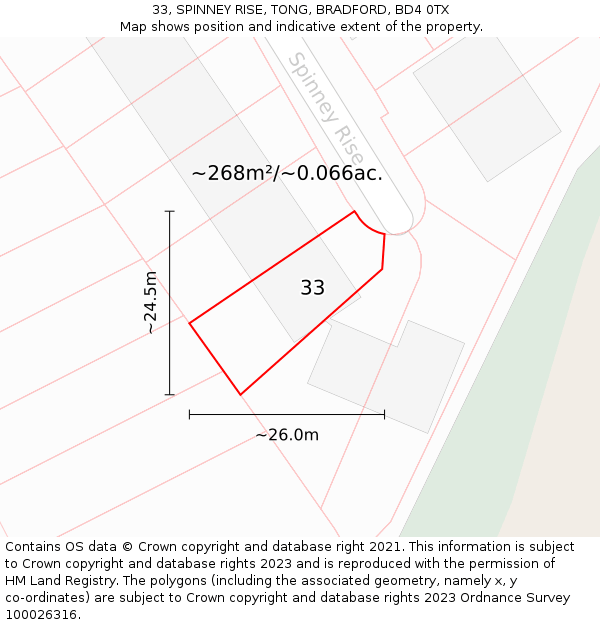 33, SPINNEY RISE, TONG, BRADFORD, BD4 0TX: Plot and title map