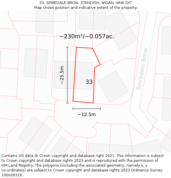 33, SPIREDALE BROW, STANDISH, WIGAN, WN6 0XT: Plot and title map