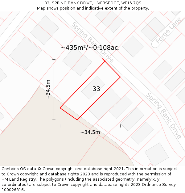 33, SPRING BANK DRIVE, LIVERSEDGE, WF15 7QS: Plot and title map