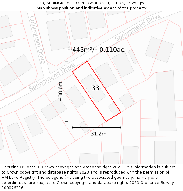 33, SPRINGMEAD DRIVE, GARFORTH, LEEDS, LS25 1JW: Plot and title map
