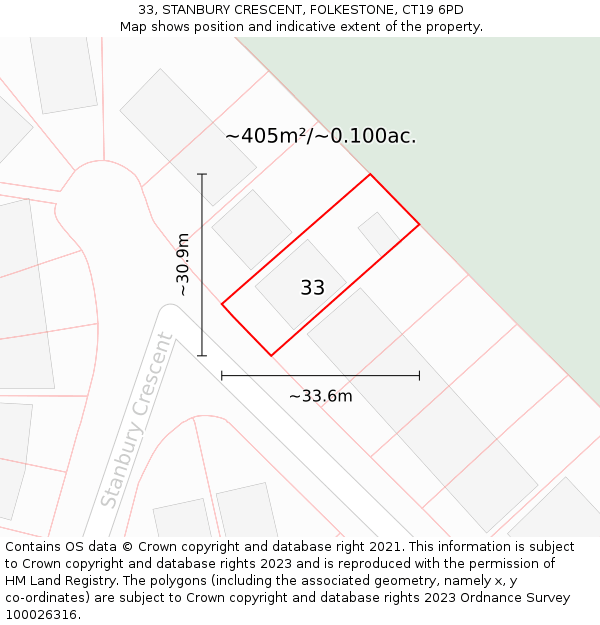 33, STANBURY CRESCENT, FOLKESTONE, CT19 6PD: Plot and title map
