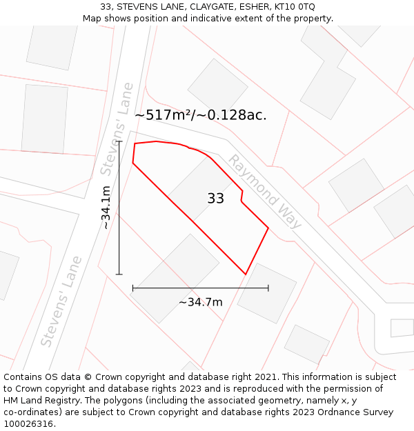 33, STEVENS LANE, CLAYGATE, ESHER, KT10 0TQ: Plot and title map