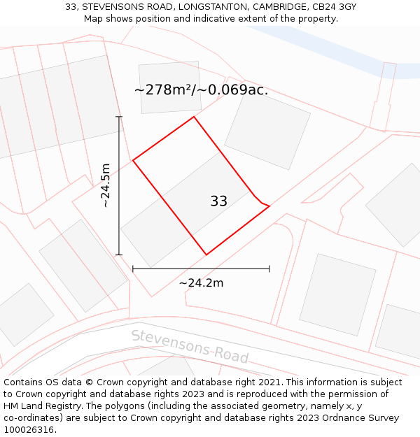 33, STEVENSONS ROAD, LONGSTANTON, CAMBRIDGE, CB24 3GY: Plot and title map