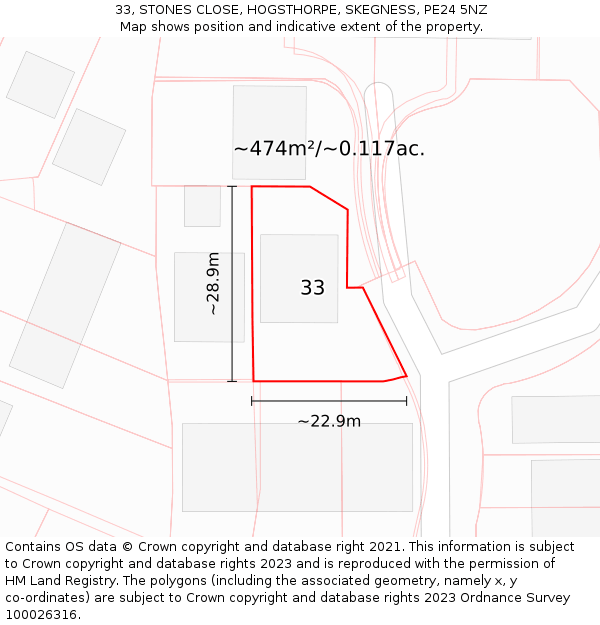 33, STONES CLOSE, HOGSTHORPE, SKEGNESS, PE24 5NZ: Plot and title map