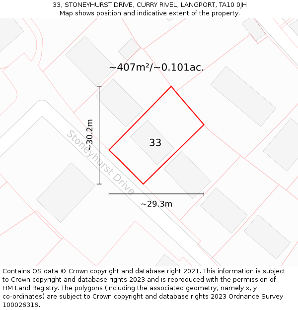 33, STONEYHURST DRIVE, CURRY RIVEL, LANGPORT, TA10 0JH: Plot and title map