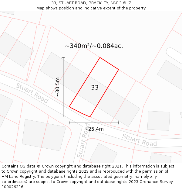 33, STUART ROAD, BRACKLEY, NN13 6HZ: Plot and title map