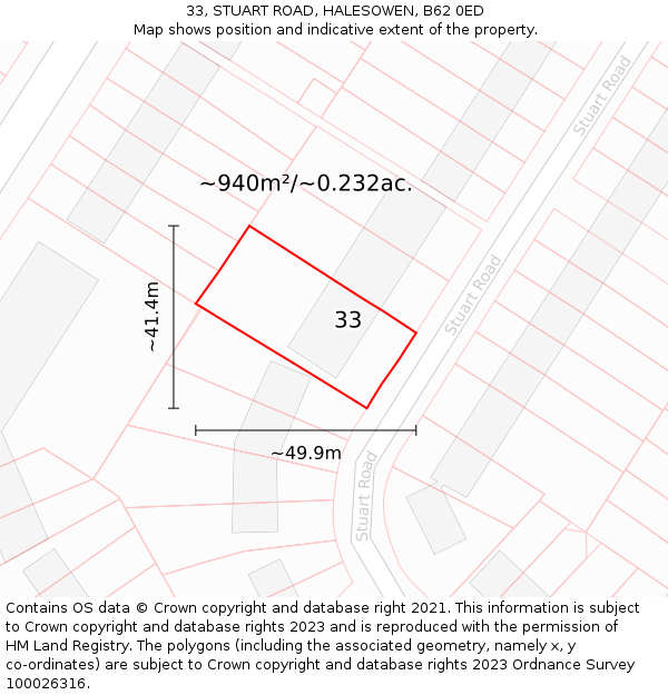 33, STUART ROAD, HALESOWEN, B62 0ED: Plot and title map