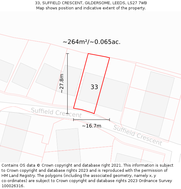 33, SUFFIELD CRESCENT, GILDERSOME, LEEDS, LS27 7WB: Plot and title map