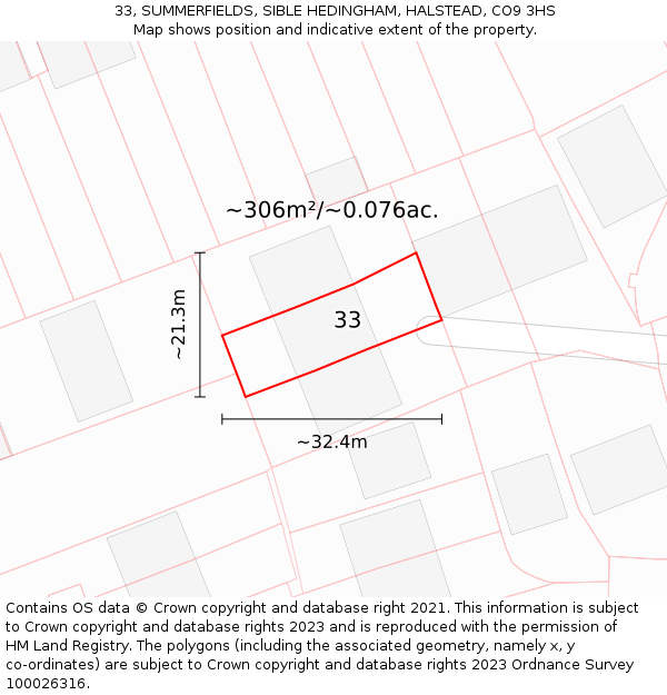33, SUMMERFIELDS, SIBLE HEDINGHAM, HALSTEAD, CO9 3HS: Plot and title map