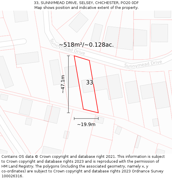 33, SUNNYMEAD DRIVE, SELSEY, CHICHESTER, PO20 0DF: Plot and title map