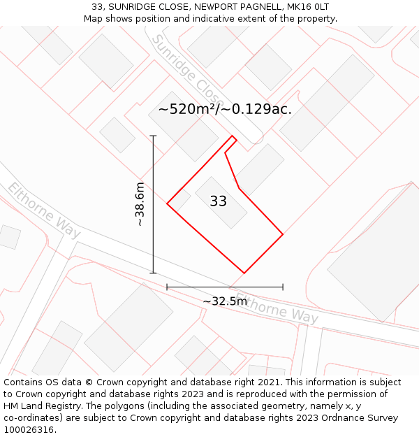 33, SUNRIDGE CLOSE, NEWPORT PAGNELL, MK16 0LT: Plot and title map