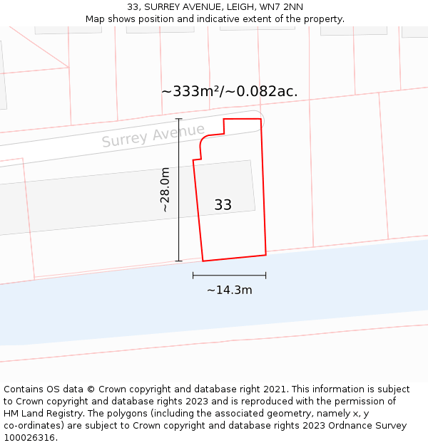 33, SURREY AVENUE, LEIGH, WN7 2NN: Plot and title map