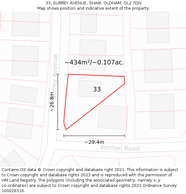 33, SURREY AVENUE, SHAW, OLDHAM, OL2 7DN: Plot and title map