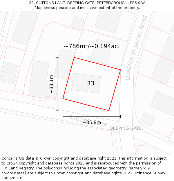 33, SUTTONS LANE, DEEPING GATE, PETERBOROUGH, PE6 9AA: Plot and title map