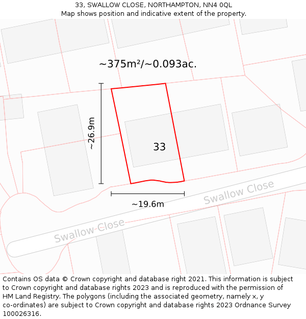 33, SWALLOW CLOSE, NORTHAMPTON, NN4 0QL: Plot and title map