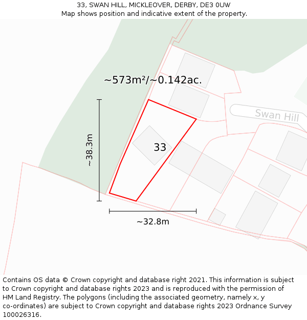 33, SWAN HILL, MICKLEOVER, DERBY, DE3 0UW: Plot and title map