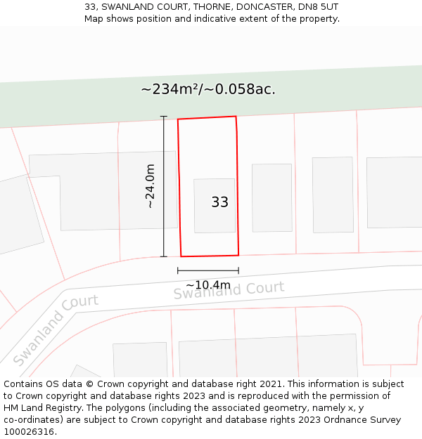 33, SWANLAND COURT, THORNE, DONCASTER, DN8 5UT: Plot and title map