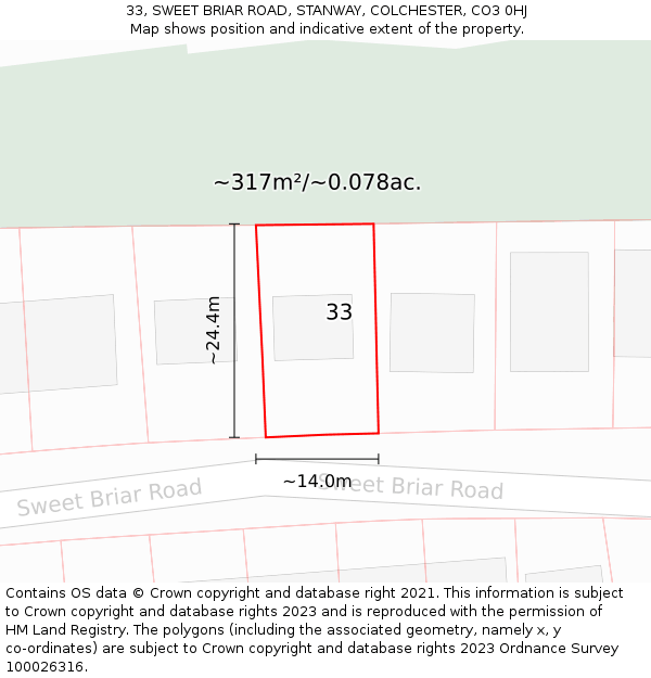 33, SWEET BRIAR ROAD, STANWAY, COLCHESTER, CO3 0HJ: Plot and title map