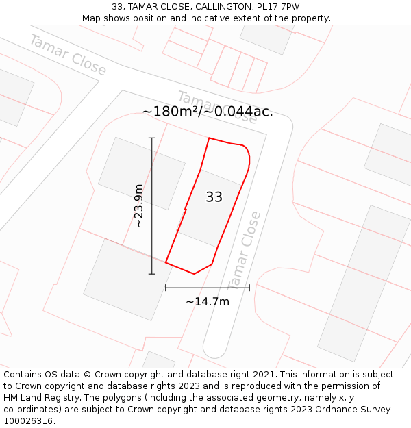 33, TAMAR CLOSE, CALLINGTON, PL17 7PW: Plot and title map