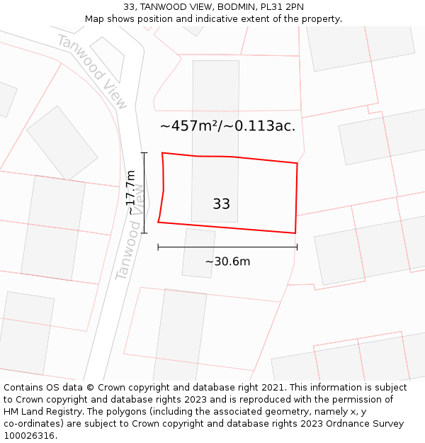 33, TANWOOD VIEW, BODMIN, PL31 2PN: Plot and title map