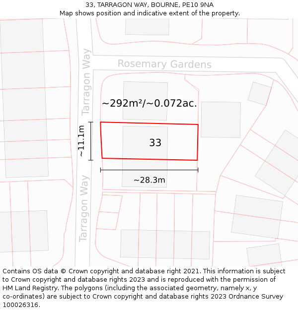 33, TARRAGON WAY, BOURNE, PE10 9NA: Plot and title map