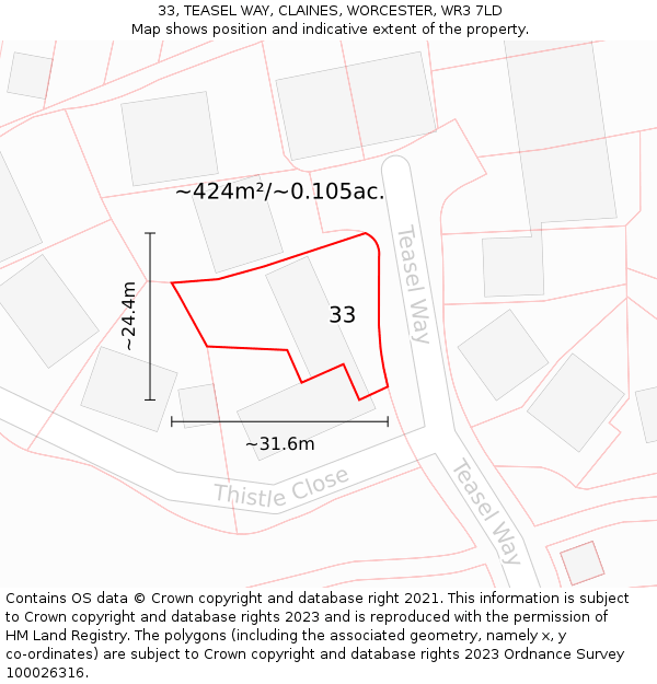 33, TEASEL WAY, CLAINES, WORCESTER, WR3 7LD: Plot and title map