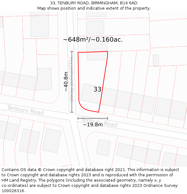 33, TENBURY ROAD, BIRMINGHAM, B14 6AD: Plot and title map