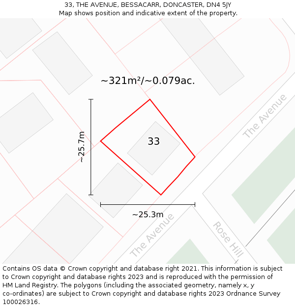 33, THE AVENUE, BESSACARR, DONCASTER, DN4 5JY: Plot and title map