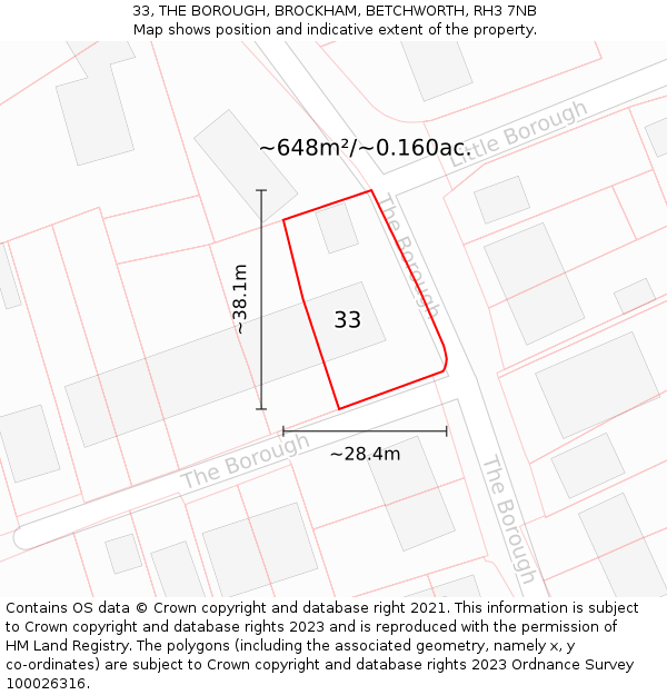 33, THE BOROUGH, BROCKHAM, BETCHWORTH, RH3 7NB: Plot and title map