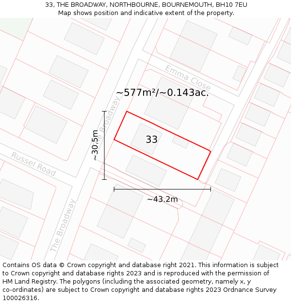 33, THE BROADWAY, NORTHBOURNE, BOURNEMOUTH, BH10 7EU: Plot and title map