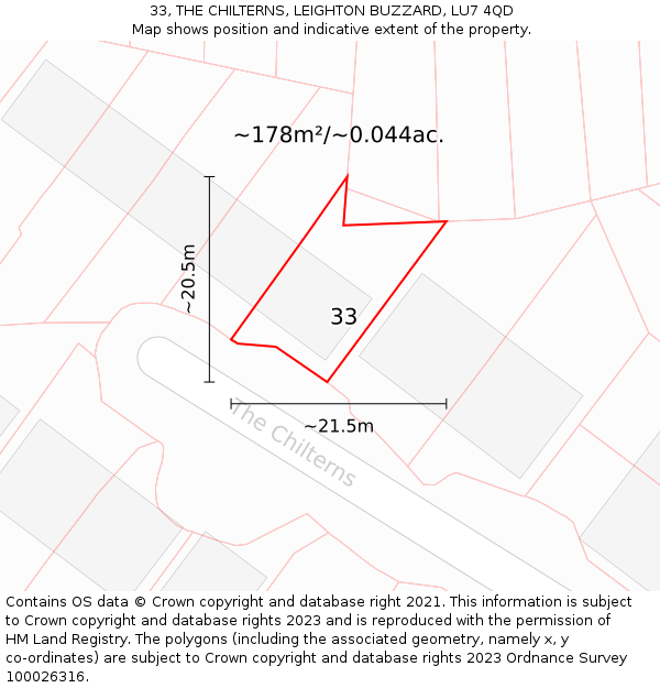 33, THE CHILTERNS, LEIGHTON BUZZARD, LU7 4QD: Plot and title map