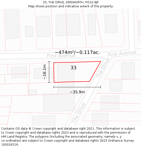 33, THE DRIVE, EMSWORTH, PO10 8JP: Plot and title map