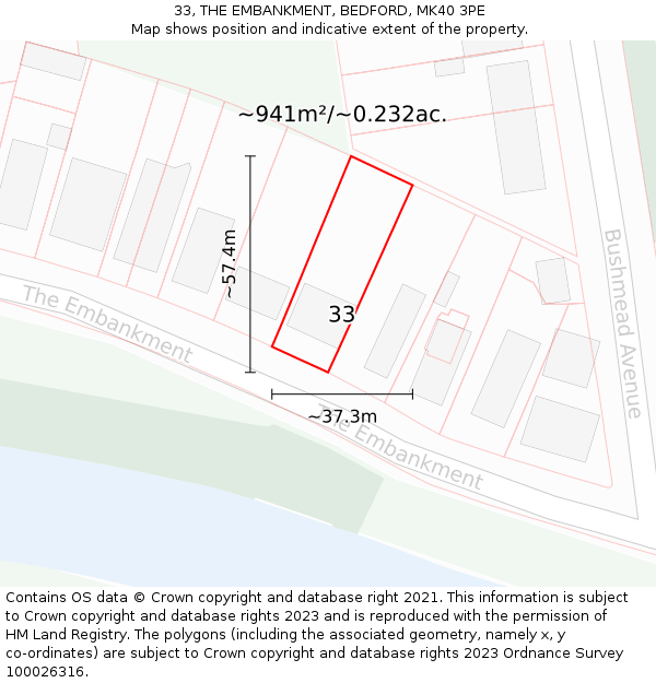 33, THE EMBANKMENT, BEDFORD, MK40 3PE: Plot and title map