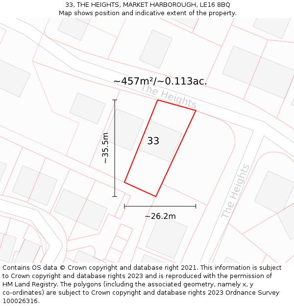 33, THE HEIGHTS, MARKET HARBOROUGH, LE16 8BQ: Plot and title map