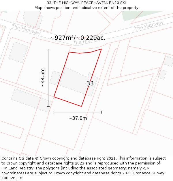 33, THE HIGHWAY, PEACEHAVEN, BN10 8XL: Plot and title map