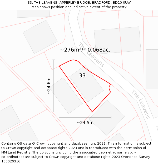 33, THE LEAVENS, APPERLEY BRIDGE, BRADFORD, BD10 0UW: Plot and title map