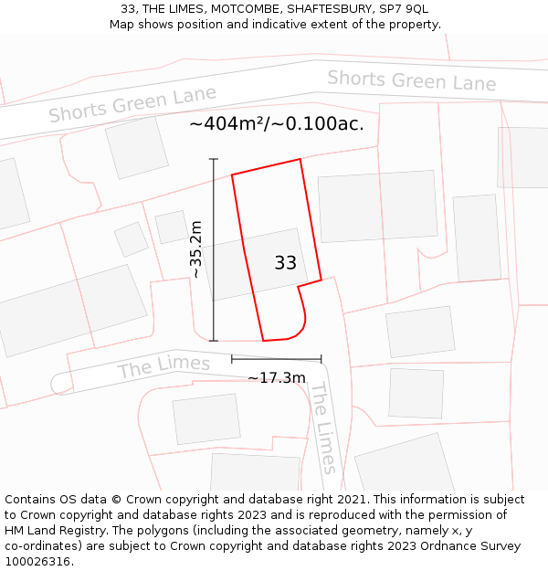 33, THE LIMES, MOTCOMBE, SHAFTESBURY, SP7 9QL: Plot and title map
