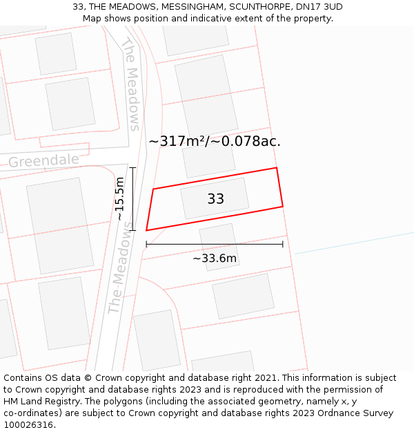 33, THE MEADOWS, MESSINGHAM, SCUNTHORPE, DN17 3UD: Plot and title map