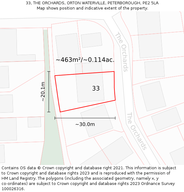 33, THE ORCHARDS, ORTON WATERVILLE, PETERBOROUGH, PE2 5LA: Plot and title map