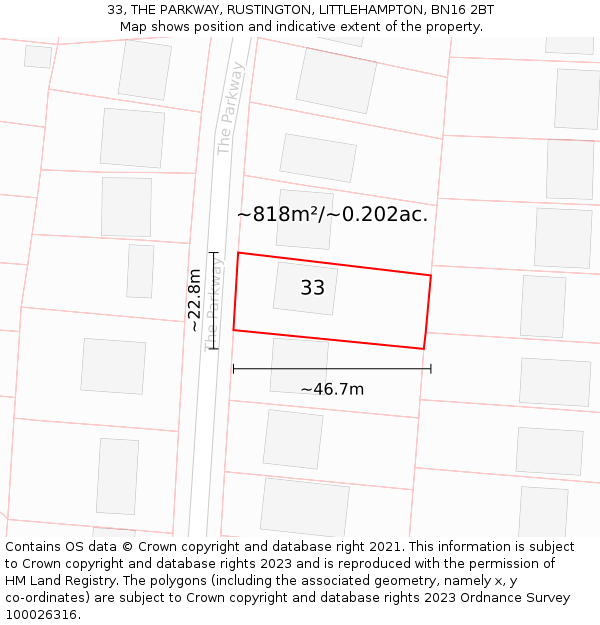 33, THE PARKWAY, RUSTINGTON, LITTLEHAMPTON, BN16 2BT: Plot and title map