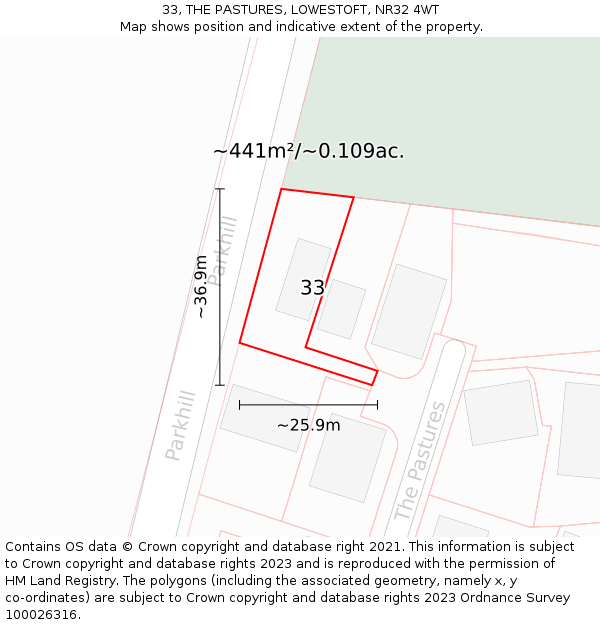 33, THE PASTURES, LOWESTOFT, NR32 4WT: Plot and title map