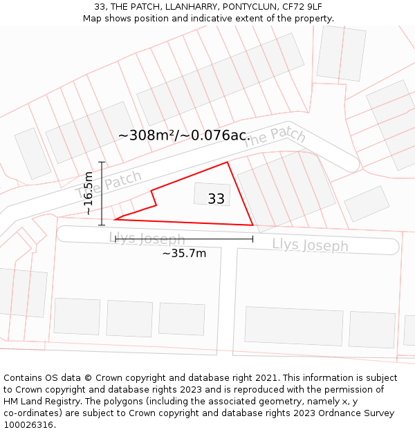 33, THE PATCH, LLANHARRY, PONTYCLUN, CF72 9LF: Plot and title map