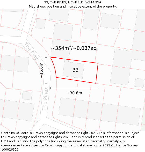 33, THE PINES, LICHFIELD, WS14 9XA: Plot and title map