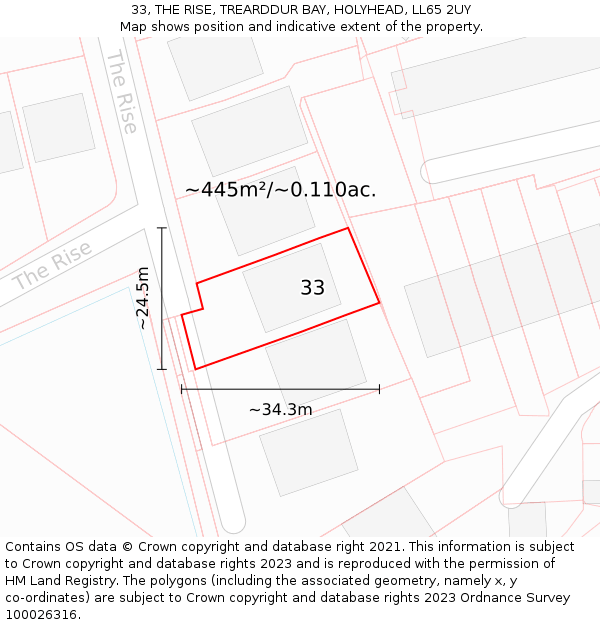33, THE RISE, TREARDDUR BAY, HOLYHEAD, LL65 2UY: Plot and title map