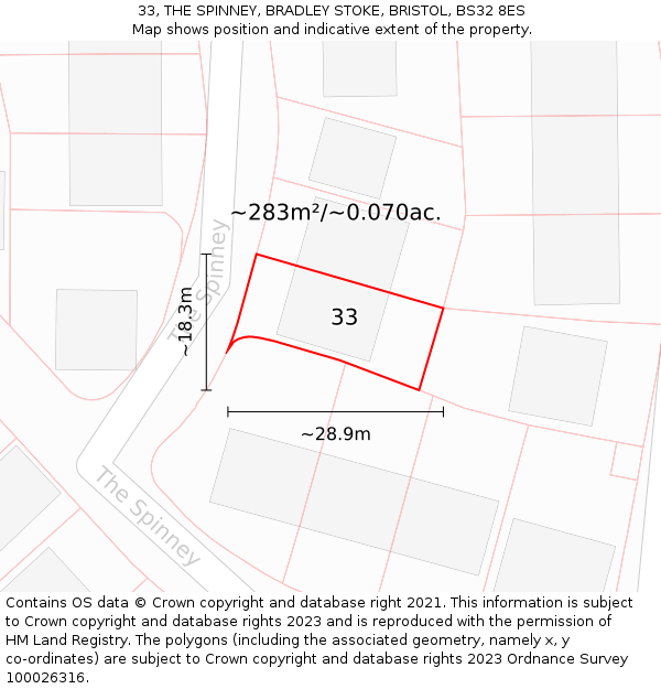 33, THE SPINNEY, BRADLEY STOKE, BRISTOL, BS32 8ES: Plot and title map