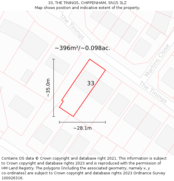 33, THE TININGS, CHIPPENHAM, SN15 3LZ: Plot and title map