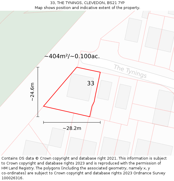 33, THE TYNINGS, CLEVEDON, BS21 7YP: Plot and title map