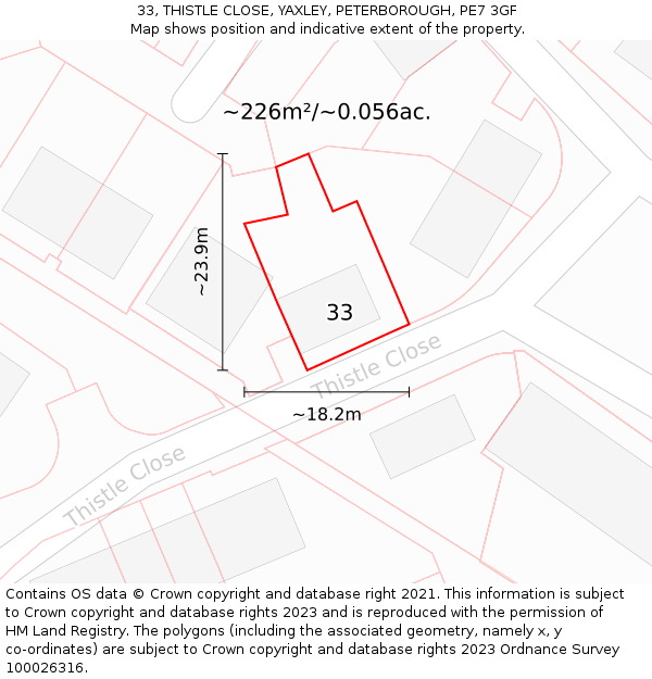 33, THISTLE CLOSE, YAXLEY, PETERBOROUGH, PE7 3GF: Plot and title map