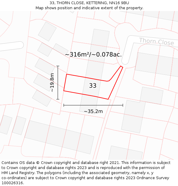 33, THORN CLOSE, KETTERING, NN16 9BU: Plot and title map