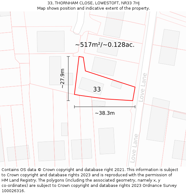 33, THORNHAM CLOSE, LOWESTOFT, NR33 7HJ: Plot and title map